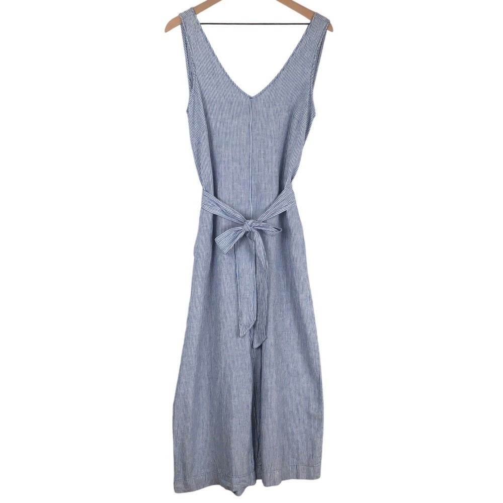 MAX STUDIO Linen Cotton Wide Leg Jumpsuit Sz M Blue White Stripe Pockets Tie